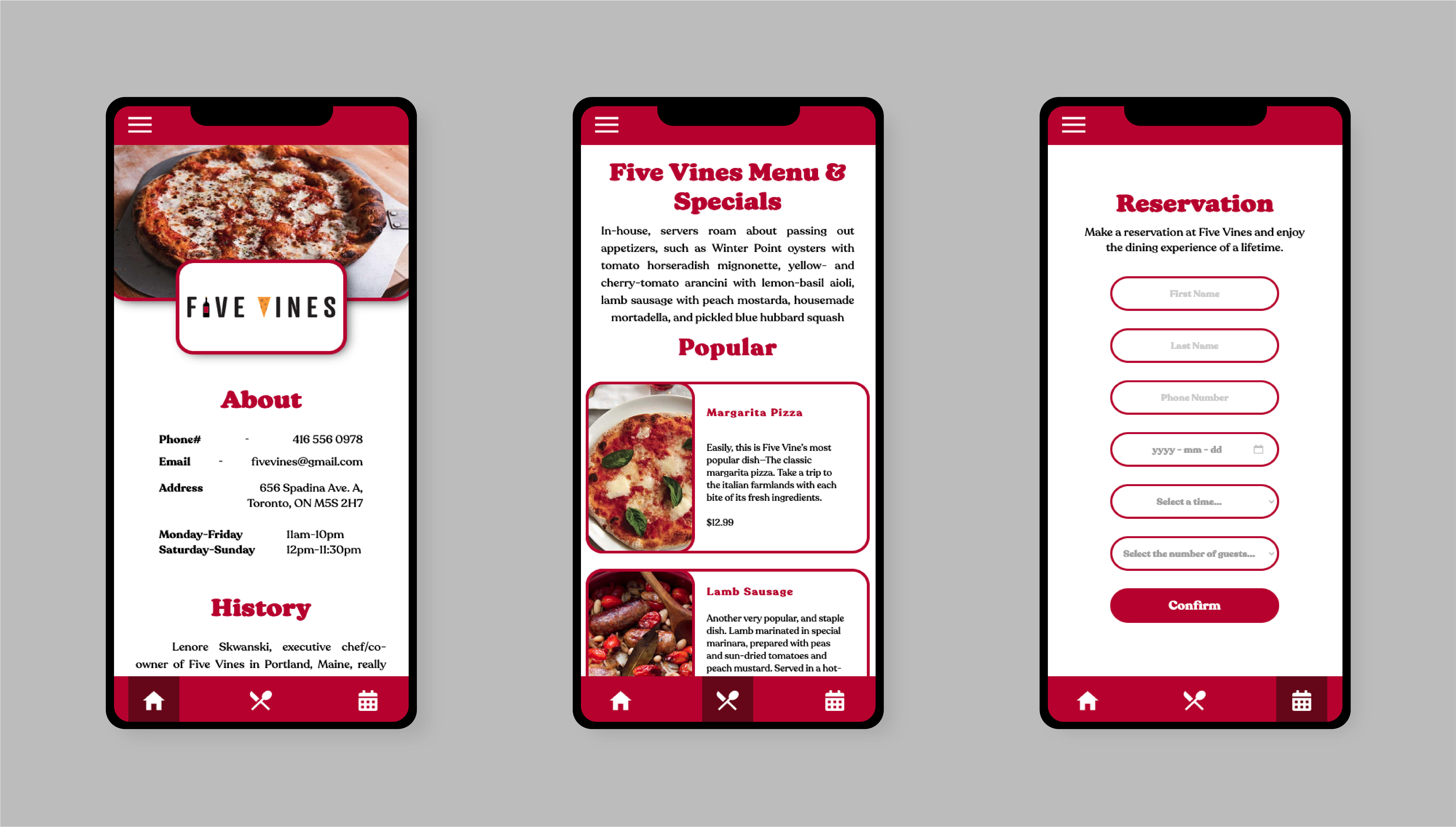 App screens for Five Vines.